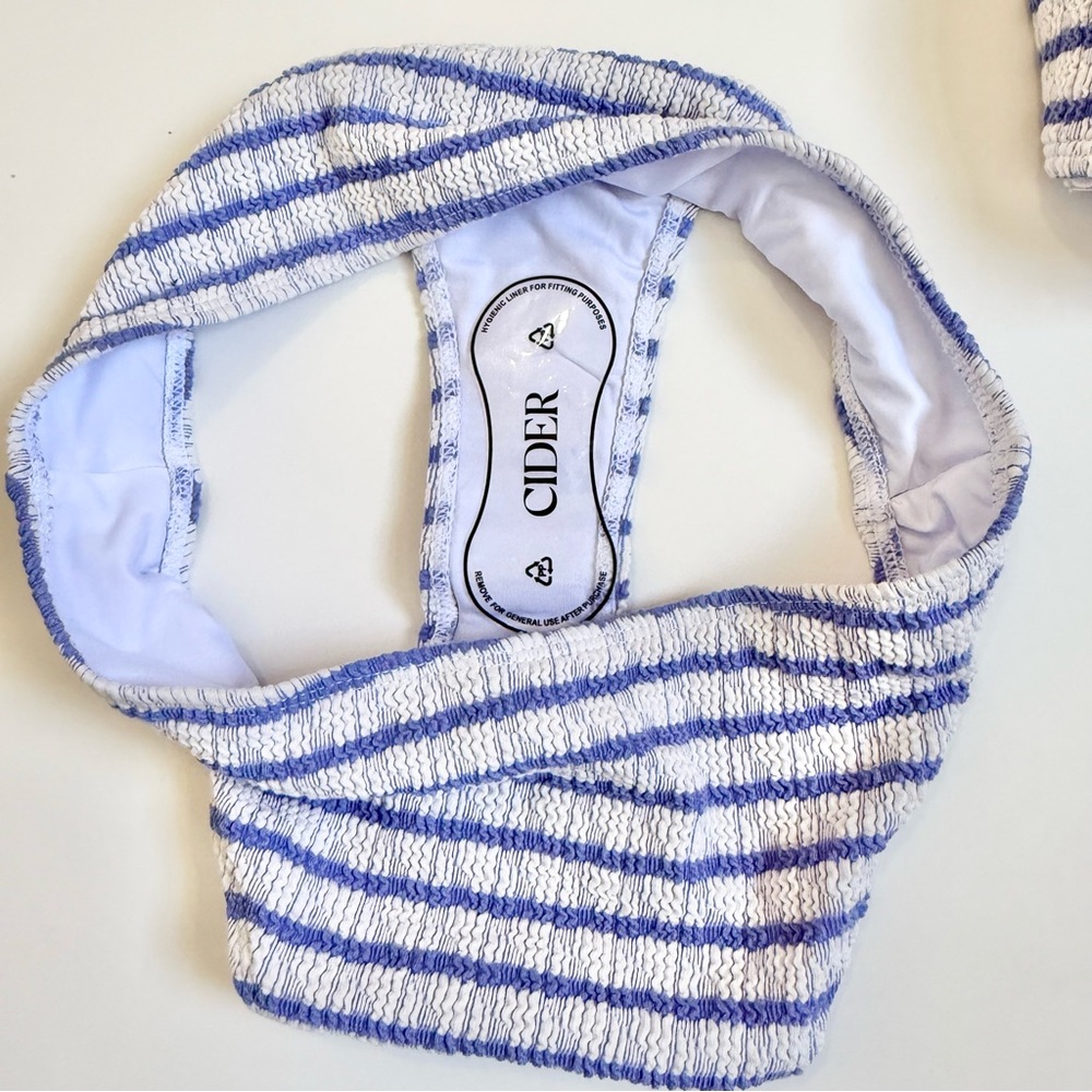 NWT Cider Textured Stripe Bikini Set Medium Blue White Tie Front Top & Bottoms - Picture 6 of 7